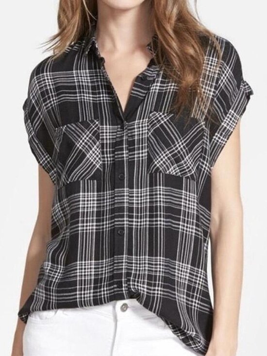 Rails Tops - Rails Britt Cap Sleeves Flannel Shirt Button Down Top Black White Size XS $128
